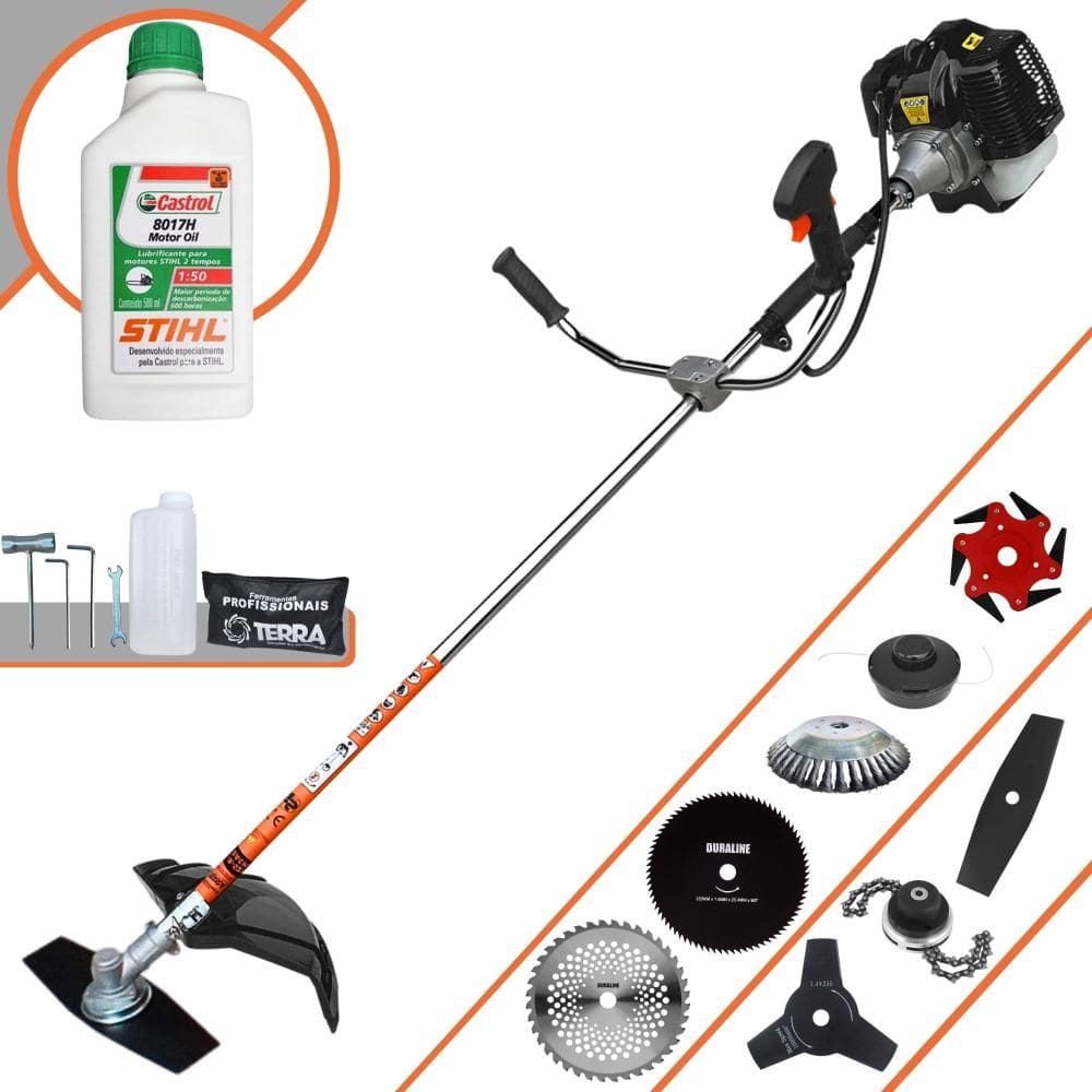 Roçadeira Terra GRH-520 52cc 2,5HP Com Carretel Nylon + Facas 2 Pontas, 3 Pontas, 6 Pontas, 40 Dentes, 80 Dentes, Trimmer, Escova de Aço + ÓLEO STIHL