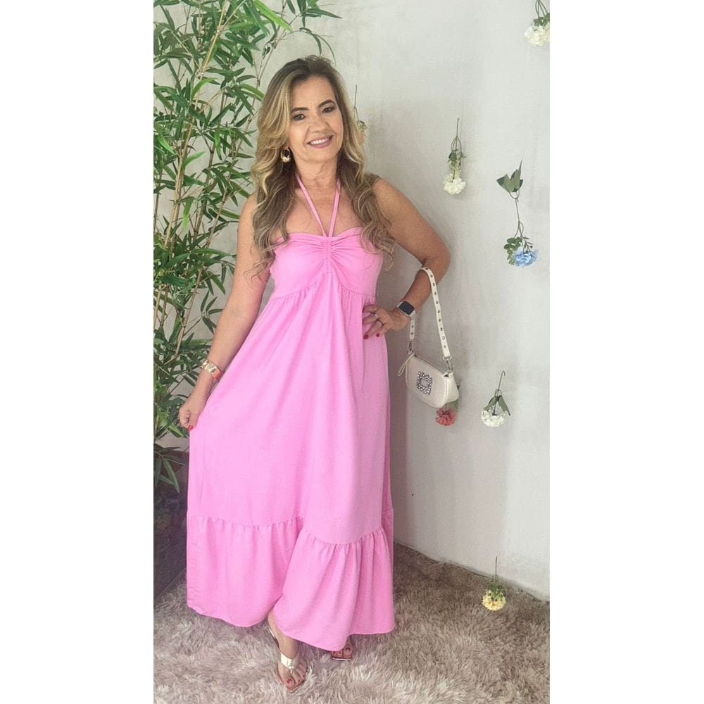 Vestido Longuete Amarreção No Pescoço Lastex Costa Crisconf