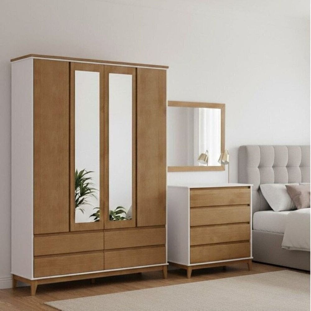 Conjunto Guarda Roupa + Cômoda 4 Gavetas + Moldura com Espelho  Madeira Maciça e MDF Finestra Móveis Off White/Freijó