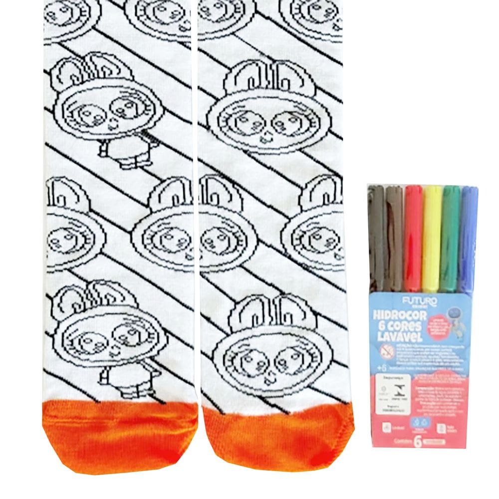 Par de Meias Divertidas Colorir Pintar Duck Goods + 6 Cores Canetinha Lavável: Pintou Lavou Pintou de Novo