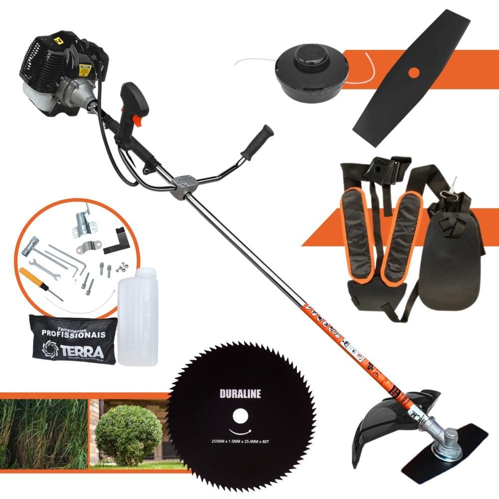 Roçadeira Completa Terra GRH520 À Gasolina 2 Tempos 2,5HP de Potência 52cc 6.500rpm Com Carretel de Nylon + Faca 2 Pontas + Faca 80 Dentes 255mm