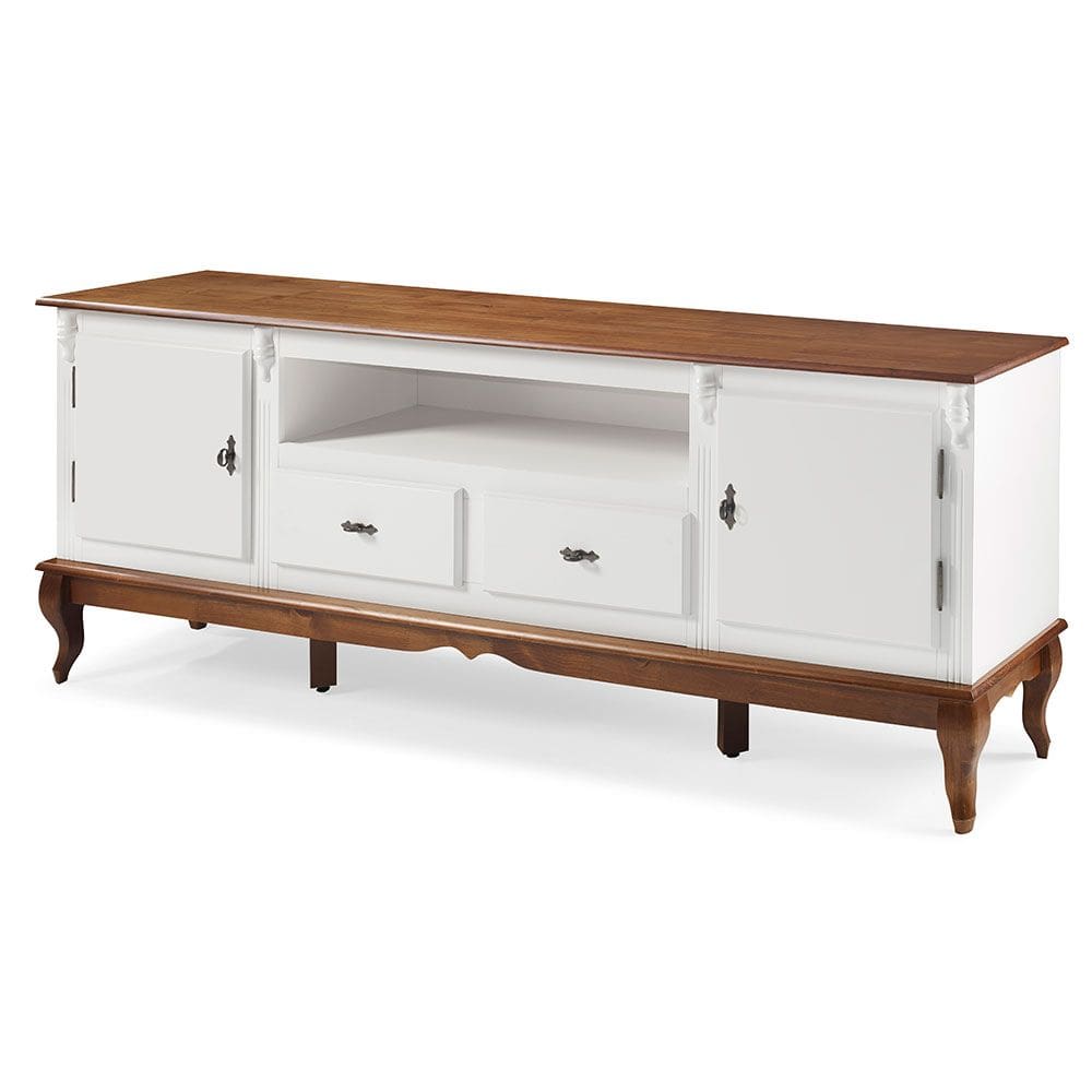 Rack para Sala com Pés Luis XV 2 Gavetas 2 Portas de Madeira e Nicho 60503M Linz Móveis - Branco/Imbuia Glazer