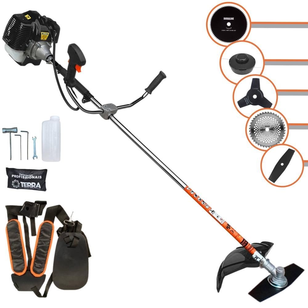 Roçadeira À Gasolina Terra GRH520 52cc 6.500rpm Completa Com Carretel de Nylon + Lâmina Facão + Lâmina 3 Pontas + Lâmina 40 Dentes + Lâmina 80 Dentes