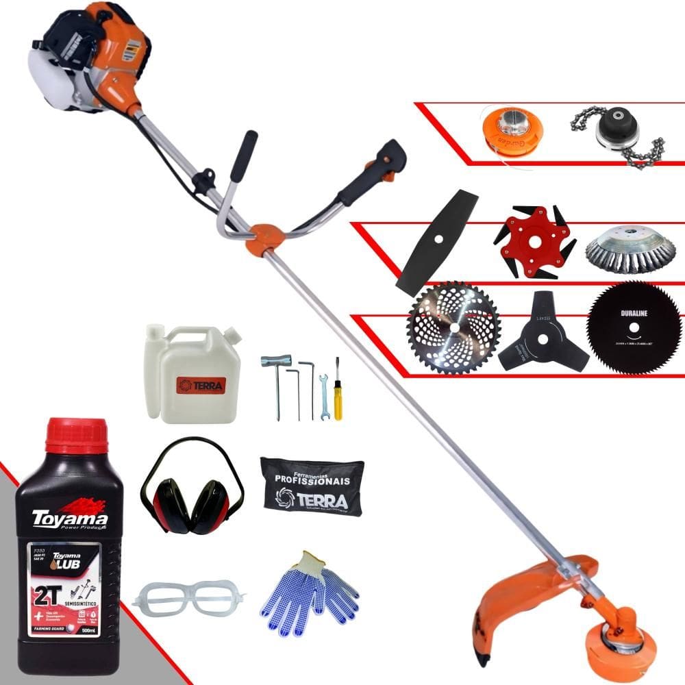 Roçadeira Profissional À Gasolina Terra GR520XP 52cc 2,5HP de Potência 6.500rpm Alta Performance Com 8 Opções de Cortes + ÓLEO TOYAMA FG50 2T + EPI