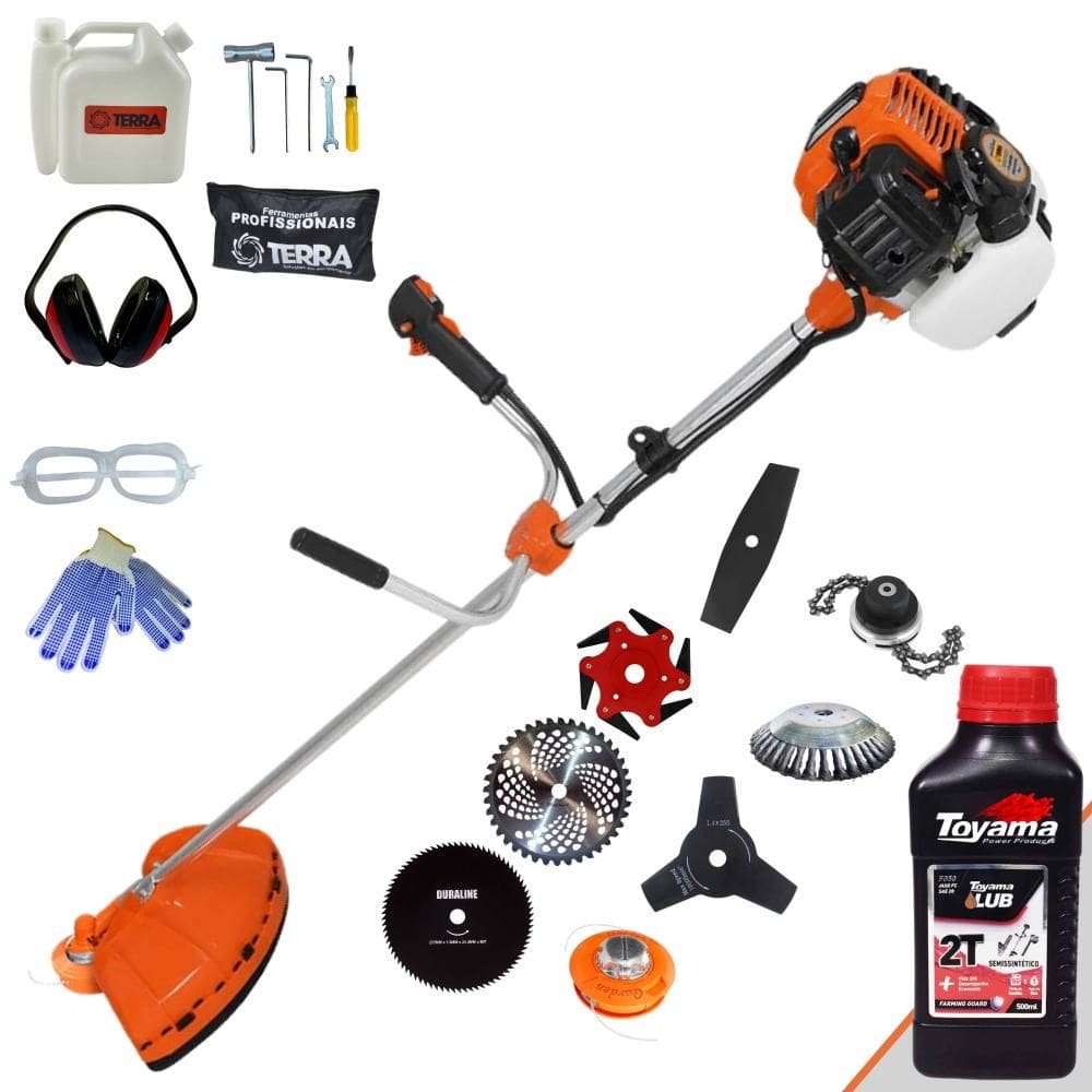 Roçadeira Completa À Gasolina Terra GR520XP 2T 52cc 6.500rpm 2,5HP Alta Performance Com Carretel Nylon + Kit 7 Opções de Corte + ÓLEO TOYAMA 2T + EPI