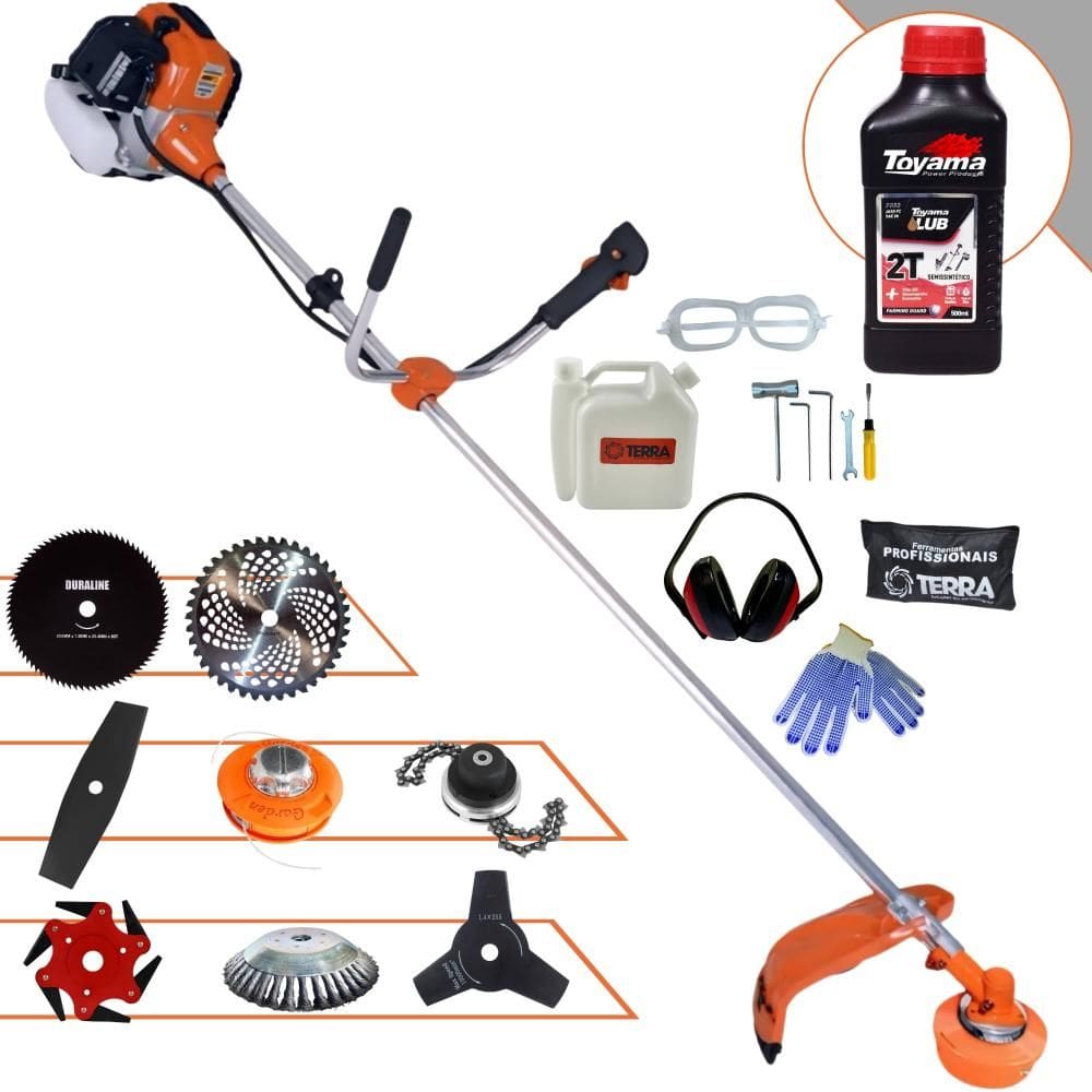 Roçadeira Terra GR520XP 52cc 2,5HP Com Carretel + Facas 2 Pontas, 3 Pontas, 6 Pontas, 40 Dentes Vídea, 80 Dentes, Trimmer e Escova + ÓLEO TOYAMA + EPI
