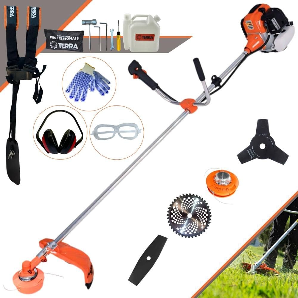 Aparador de Grama Terra GR520-XP À Gasolina 52cc 2,5HP 6.500rpm Com Carretel de Nylon + Lâmina Facão + Lâmina 3 Pontas + Lâmina 40 Dentes Vídea + EPI