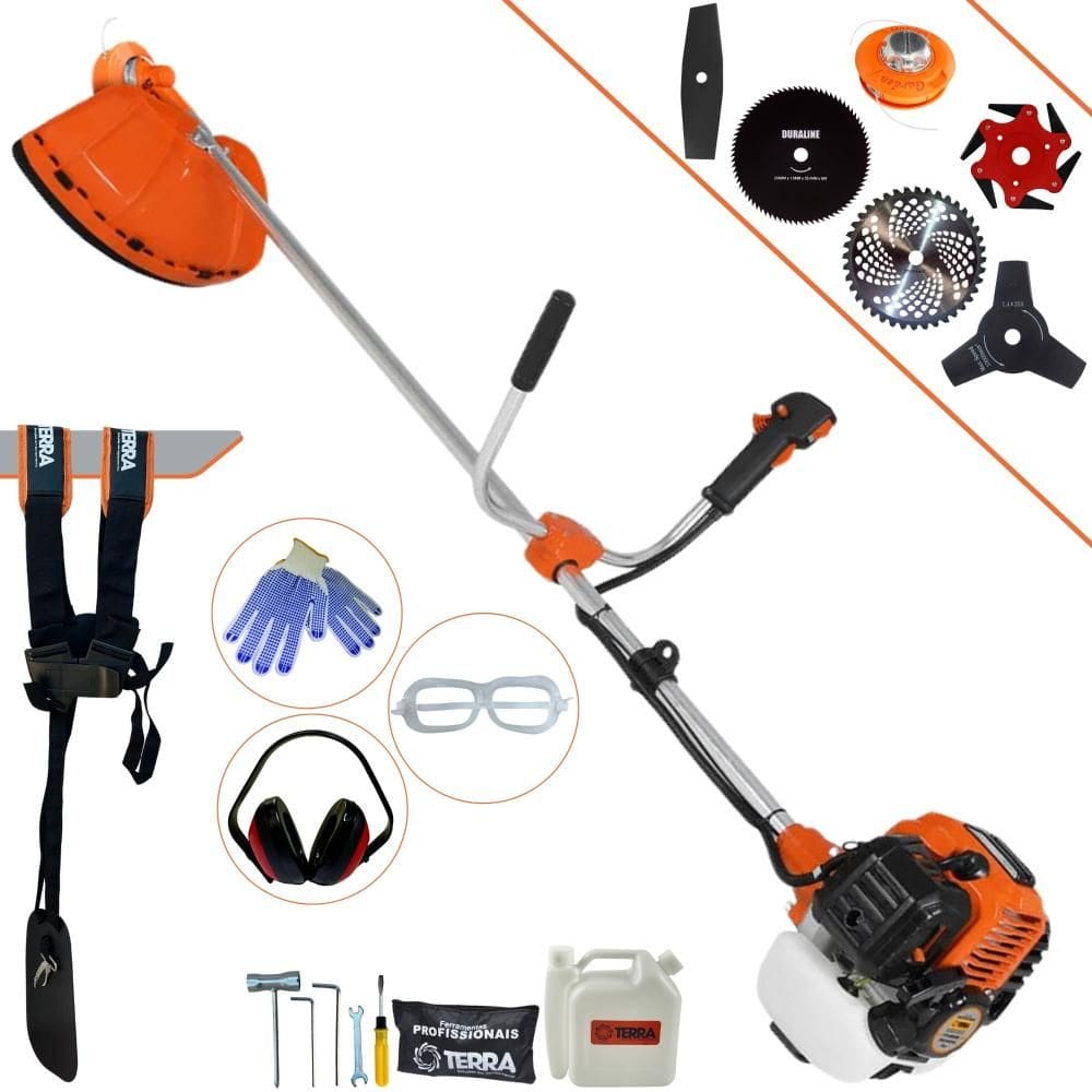 Máquina de Cortar Grama Profissional À Gasolina Terra GR520XP 2T 52cc 2,5HP 6.500rpm Roçadeira Completa Multifuncional Com 6 Opções de Cortes + EPI