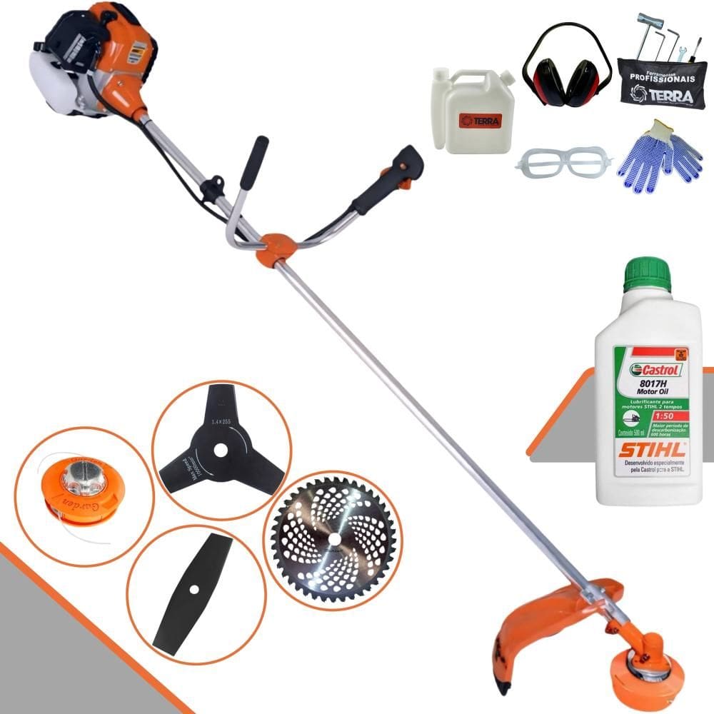 Roçadeira Aparador de Grama Lateral Terra GR520-XP À Gasolina 2T 52cc 2,5HP Robusta Com Carretel Nylon + Kit 3 Lâminas de Corte + ÓLEO STIHL 2T + EPI
