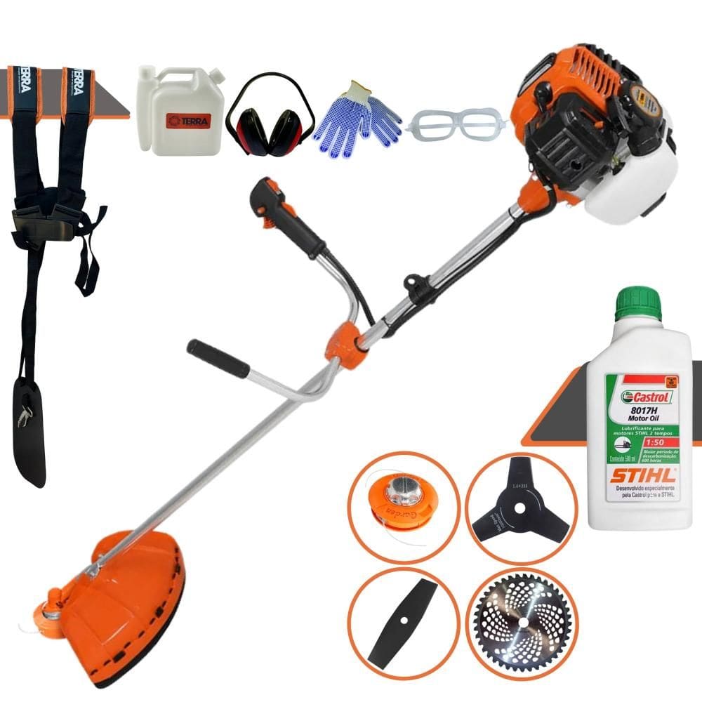 Roçadeira Multifuncional Terra GR520XP À Gasolina 52cc 2,5HP 6.500rpm 4 Em 1 Com Carretel de Nylon + Kit 3 Lâminas de Corte + ÓLEO STIHL 8017 2T + EPI