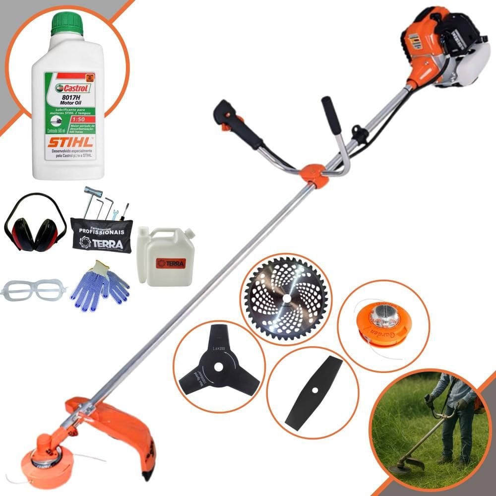 Roçadeira Terra GR520XP 52cc 2,5HP Máquina de Corta Grama Com Carretel + Lâmina Facão + Lâmina 3 Pontas + Lâmina 40 Dentes Vídea + ÓLEO STIHL 2T + EPI