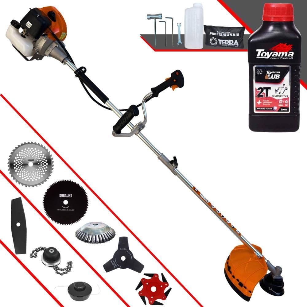 Roçadeira Terra GRHB-430 Bipartido 43cc 1,7HP Com Carretel + Facas 2 Pontas, 3 Pontas, 6 Pontas, 40 Dentes, 80 Dentes, Trimmer e Escova + ÓLEO TOYAMA