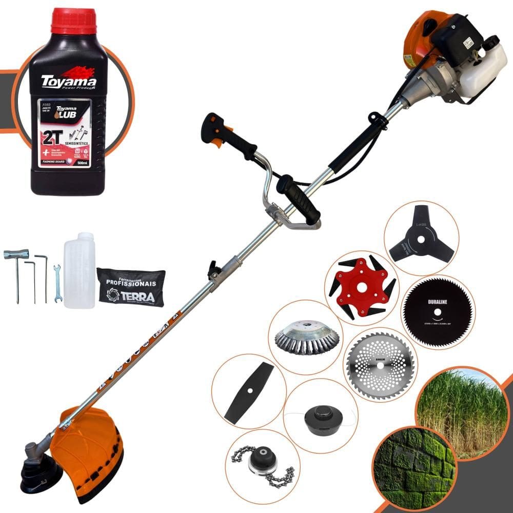 Roçadeira Completa À Gasolina Terra GRHB430 Bi-Partido 2T 43cc 1,7HP Alta Performance Com Carretel de Nylon + Kit 7 Opções de Corte + ÓLEO TOYAMA 2T