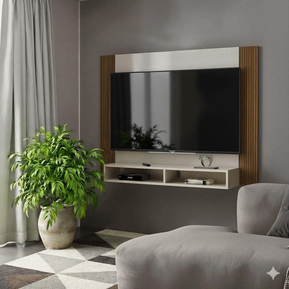 Painel Tv 43 Polegadas Suspenso Com Nichos Bonsai - Off White E Ripado Off White E Ripado