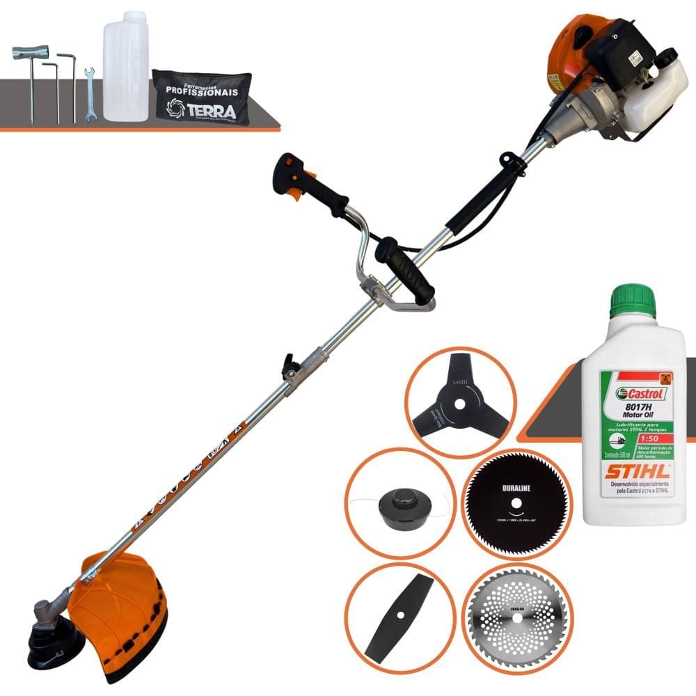 Roçadeira Terra GRHB430 Bipartida À Gasolina 43cc 1,7HP Com Faca 2 Pontas + Faca 3 Pontas + Faca 40 Dentes + Faca 80 Dentes + Carretel + ÓLEO STIHL 2T