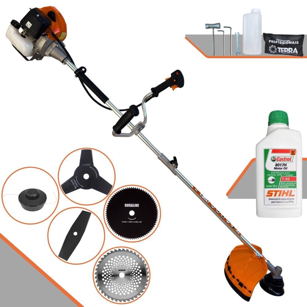Roçadeira Multifuncional Terra GRHB430 Bi-Partida À Gasolina 43cc 1,7HP 12.000rpm 5 Em 1 Com Carretel Nylon + Kit 4 Lâminas de Corte + ÓLEO STIHL 2T
