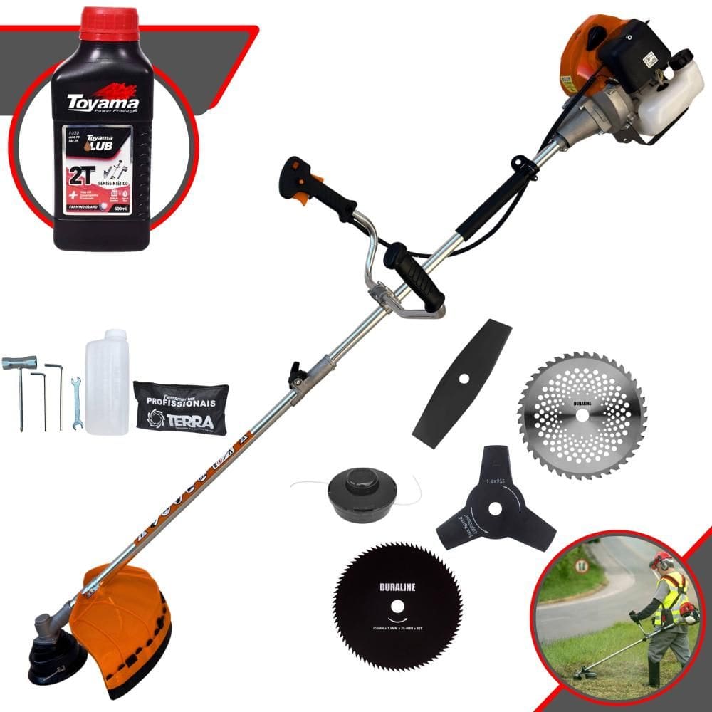 Roçadeira Multifuncional Terra GRHB430 Bi-Partida À Gasolina 43cc 1,7HP 12.000rpm 5 Em 1 Com Carretel + Kit 4 Lâminas de Corte + ÓLEO TOYAMA 2 Tempos