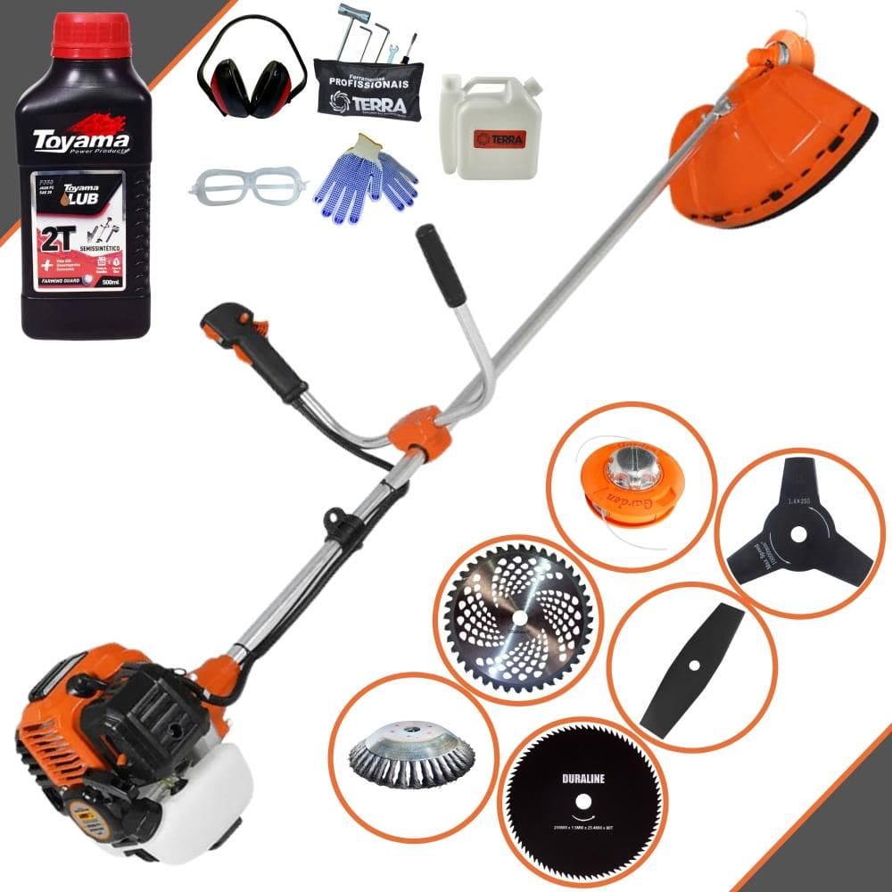 Roçadeira Lateral Terra GR520XP À Gasolina 52cc 2,5HP 6.500rpm Robusta Com Carretel Nylon + 4 Lâminas de Corte + Escova de Aço + ÓLEO TOYAMA 2T + EPI
