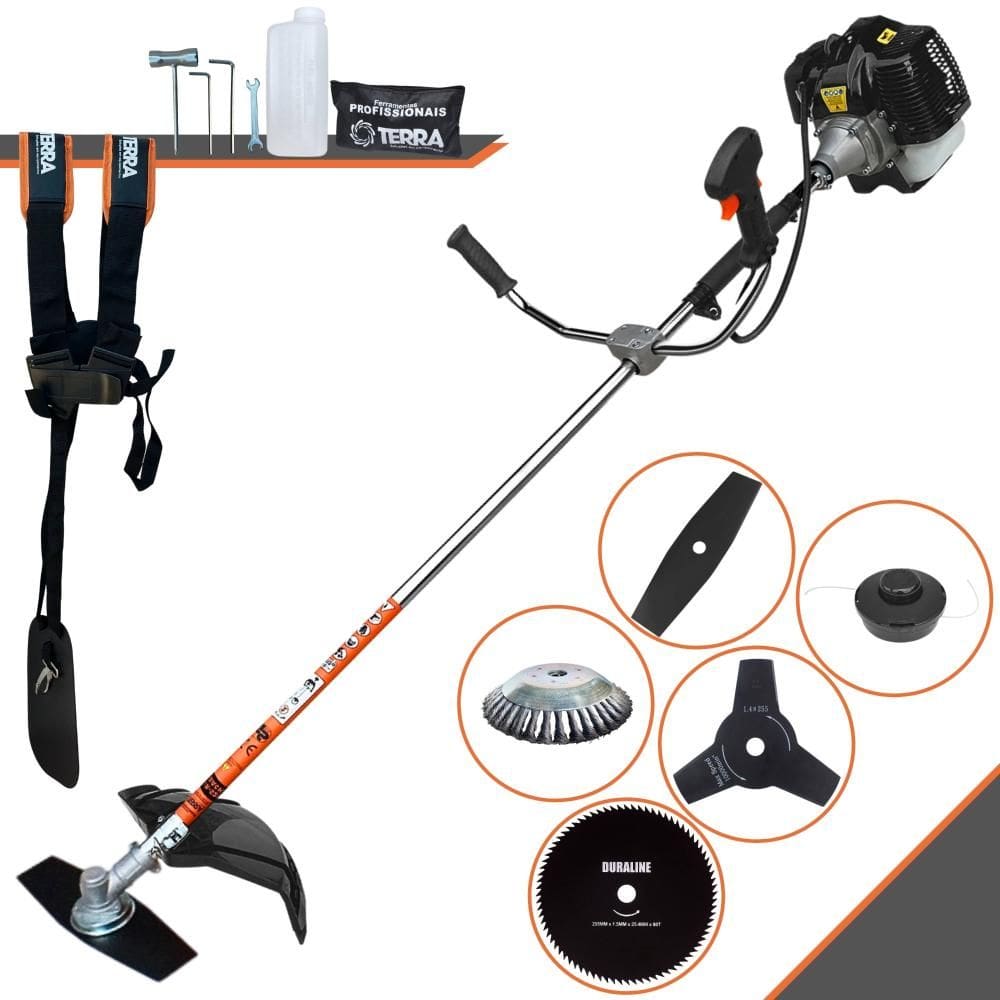 Roçadeira À Gasolina Terra GRH520 2T 52cc 6.500rpm 2,5HP 5 Opções de Corte Com Facas 2 Pontas, 3 Pontas, 80 Dentes, Escova de Aço e Carretel de Nylon