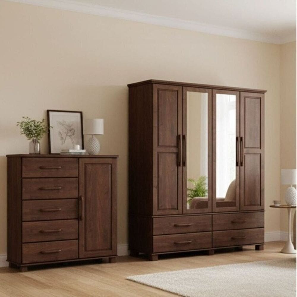 Conjunto Guarda Roupa 4 Portas + Cômoda 5 Gavetas 100% Madeira Maciça - Linha Ouro Finestra Móveis Café