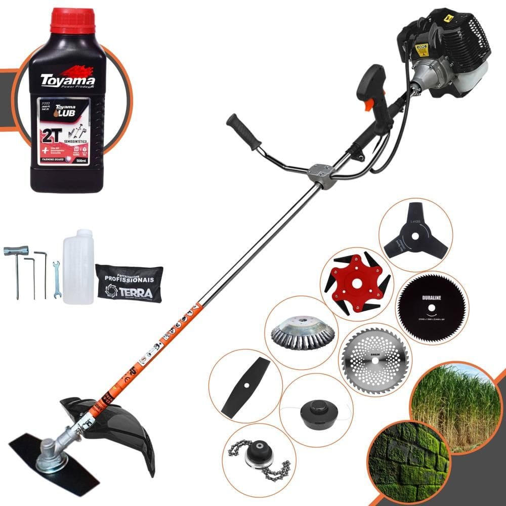 Roçadeira Terra GRH520 52cc 2,5HP Com Carretel + Faca 2 Pontas, 3 Pontas, 6 Pontas, 40 Dentes, 80 Dentes, Trimmer e Escova de Aço + ÓLEO TOYAMA 2T