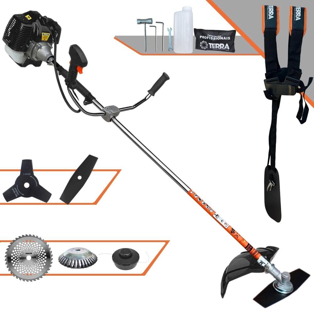 Roçadeira À Gasolina Terra GRH520 52cc 2T 2,5HP de Potência Com 5 Opções de Corte Com Carretel Nylon + 3 Facas + Escova de Aço Para Pavers e Concreto
