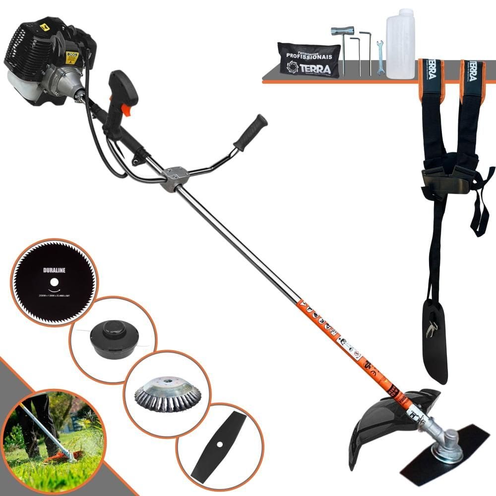 Roçadeira Completa À Gasolina Terra GRH520 2T 52cc 2,5HP 6.500rpm Com Lâmina Facão + Lâmina 80 Dentes + Escova de Aço 38 Cerdas + Carretel de Nylon