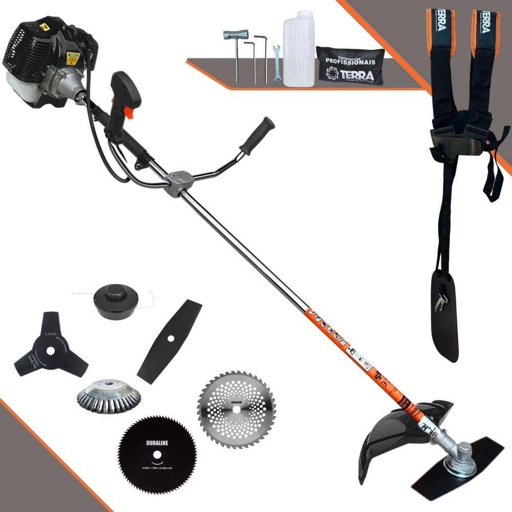 Roçadeira Terra GRH520 À Gasolina 52cc Com Carretel Nylon, Lâmina Facão, Lâmina 3 Pontas, Lâmina 40 Dentes Vídea, Lâmina 80 Dentes e Escova de Aço