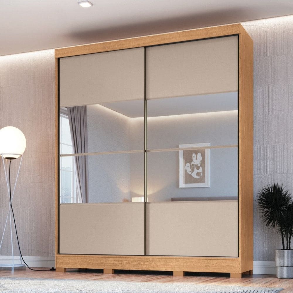 Guarda Roupa Casal com Espelhos 2 Portas de Correr com Pés em MDF Pontal Móveis Castro