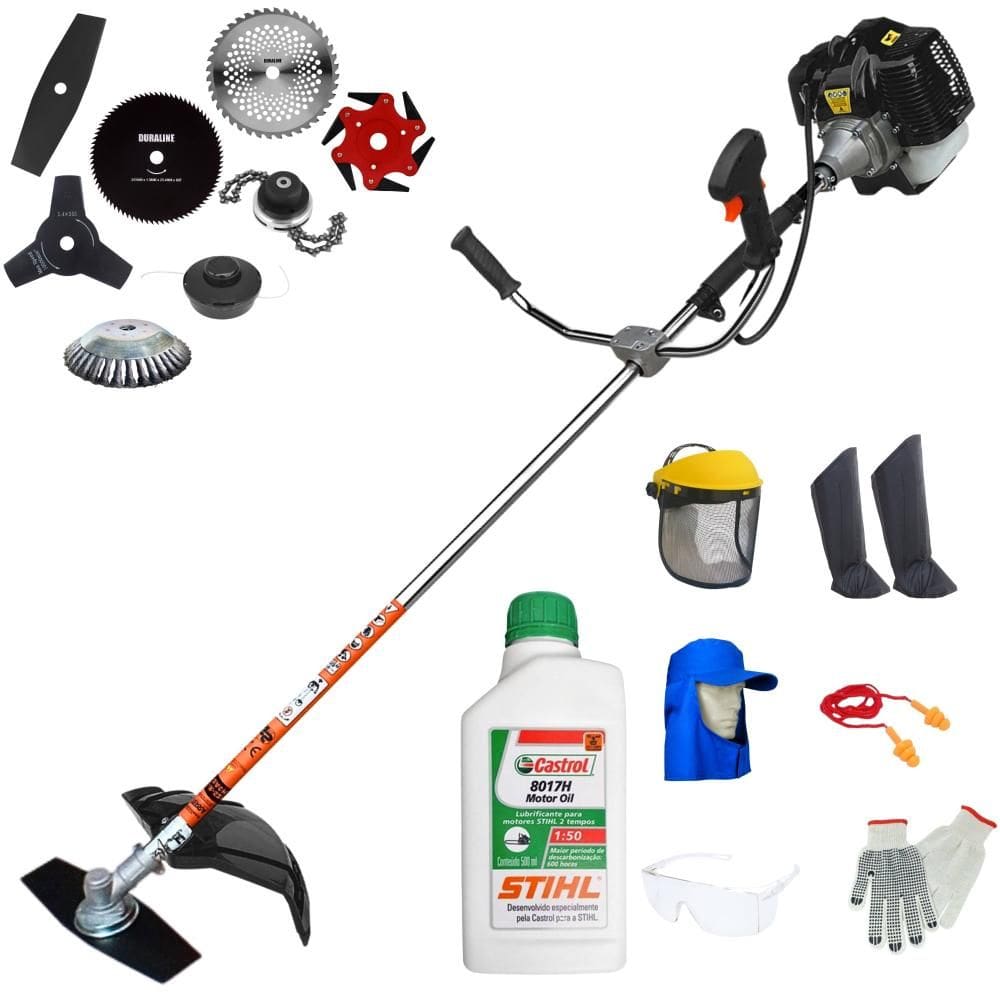 Máquina de Cortar Grama Profissional À Gasolina Terra GRH520 52cc 2,5HP 6.500rpm Roçadeira Completa Com 8 Opções de Cortes + EPI + ÓLEO STIHL 2 Tempos