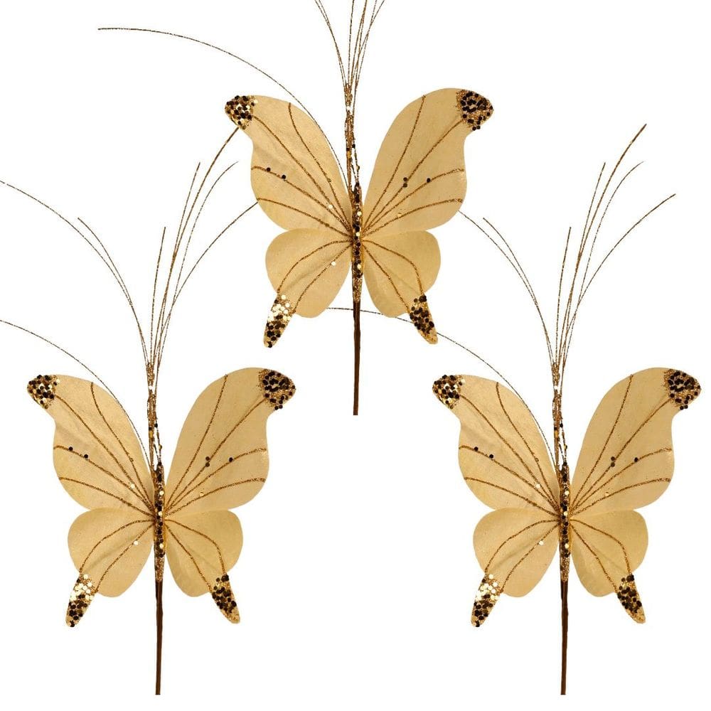 Jogo 3 Borboletas Pick Natal Dourado Full Glitter Lantejoulas Luxo 23cm