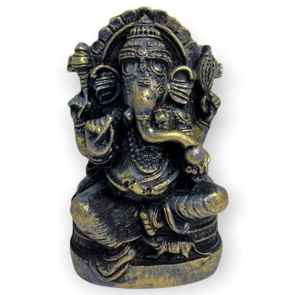 Escultura Ganesh Meditando No Trono 9 Cm Dourado Envelhecido