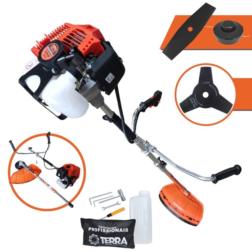 Roçadeira Robusta Terra GRHB430 Bi-Partida À Gasolina 43cc 2 Tempos 1,7HP de Potência 12.000rpm Com Carretel de Nylon + Lâmina Facão + Lâmina 3 Pontas