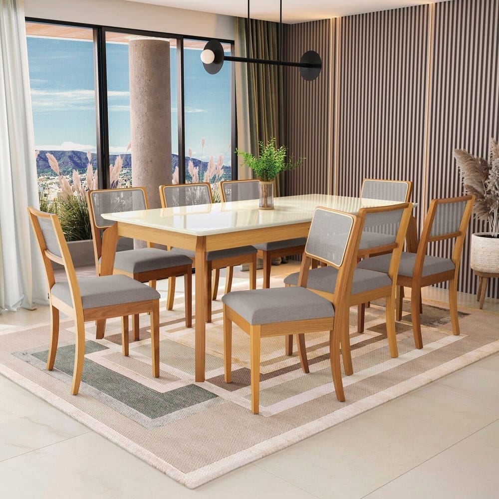 Conjunto para Sala de Jantar com Mesa e 8 Cadeiras Petra Natural/Cinza/Bege