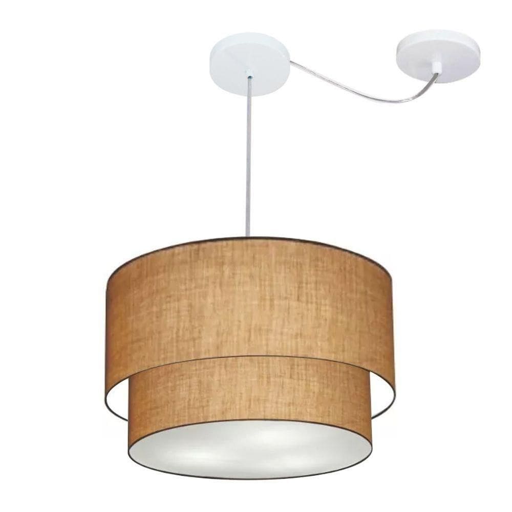 Lustre Pendente Duplo Cilíndrico Com Desvio Vivare Md-4364 Cúpula Em Tecido 40x35cm - Bivolt Palha 127/220v