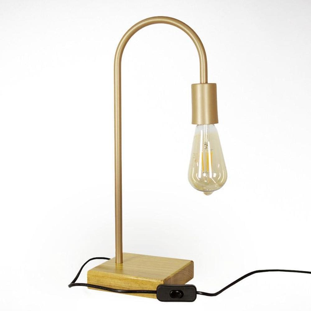 Abajur Luminária De Mesa Cabeceira Base De Madeira Champagne