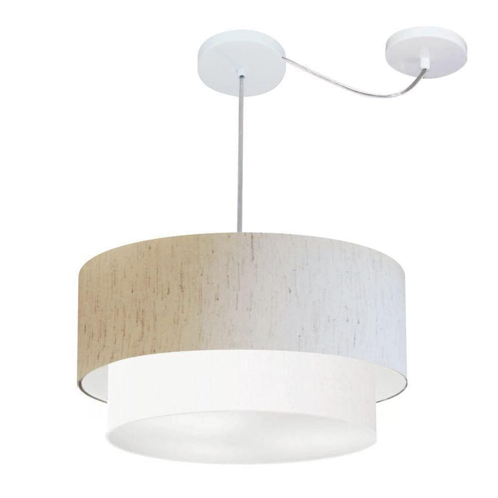 Lustre Pendente Cilíndrico Com Desvio Linho Bege E Branco Mj-4360 Para Mesa De Jantar E Estar
