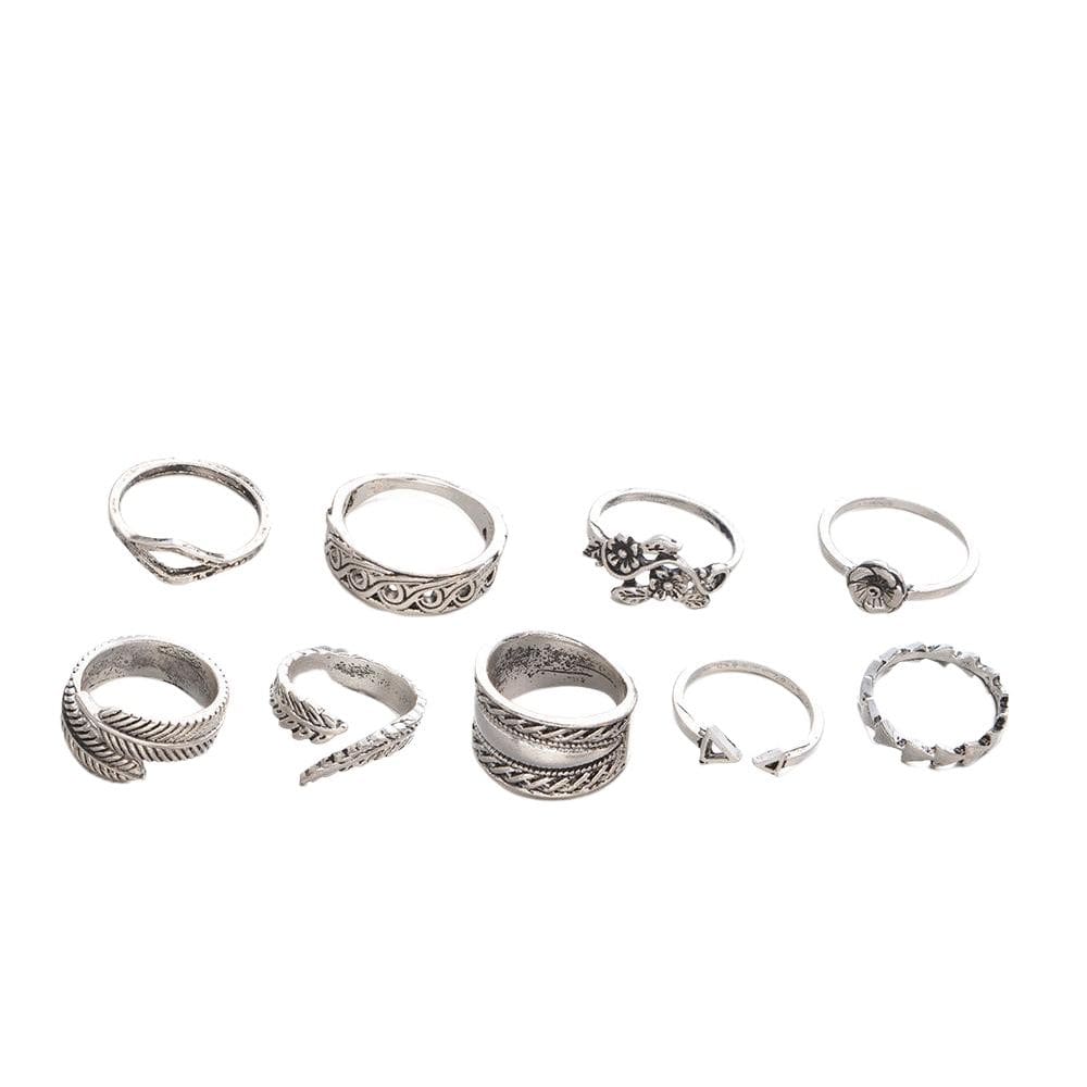 Anel Falange Geométrico Folhas Flor Pena Kit 9 Peças A3870