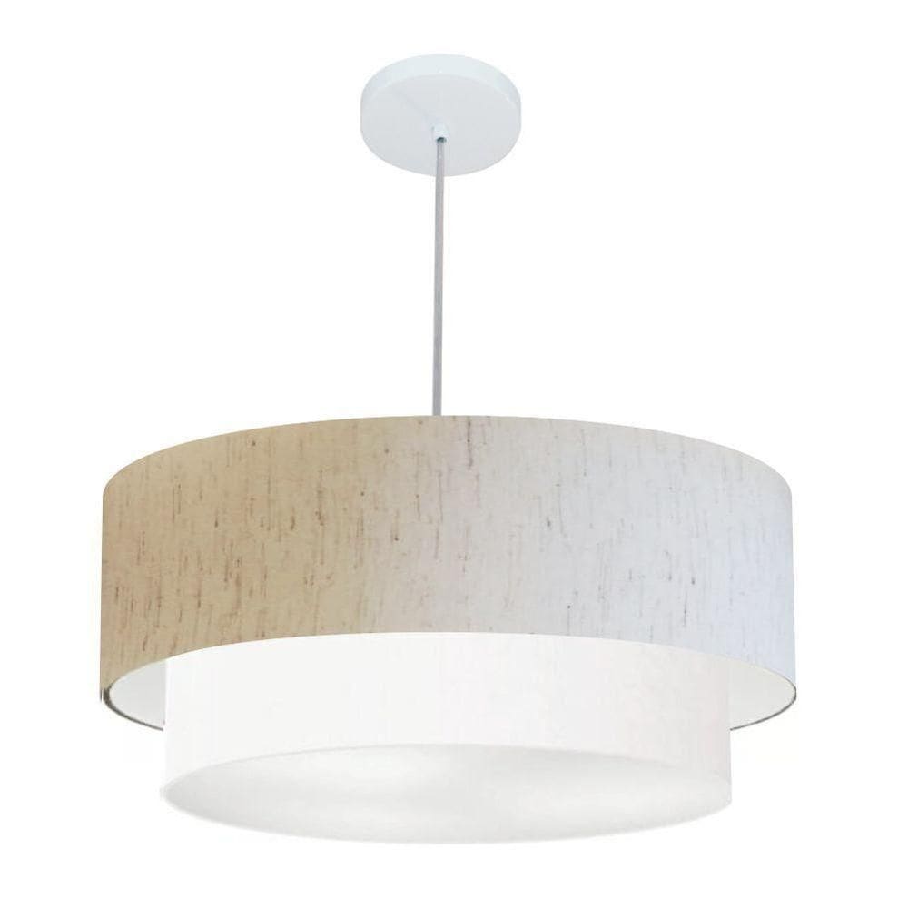 Lustre Pendente Duplo Cilíndrico Vivare Md-4353 Cúpula Tecido 60x50cm - Bivolt Linho-bege-branco 127/220v