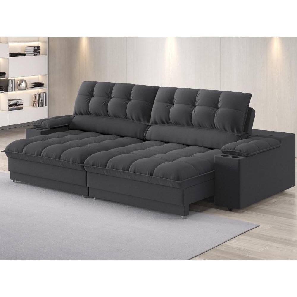 Sofá com Porta Copos e Carregador USB Ret Rec Luke 2,30m Linho Soft - NETSOFAS