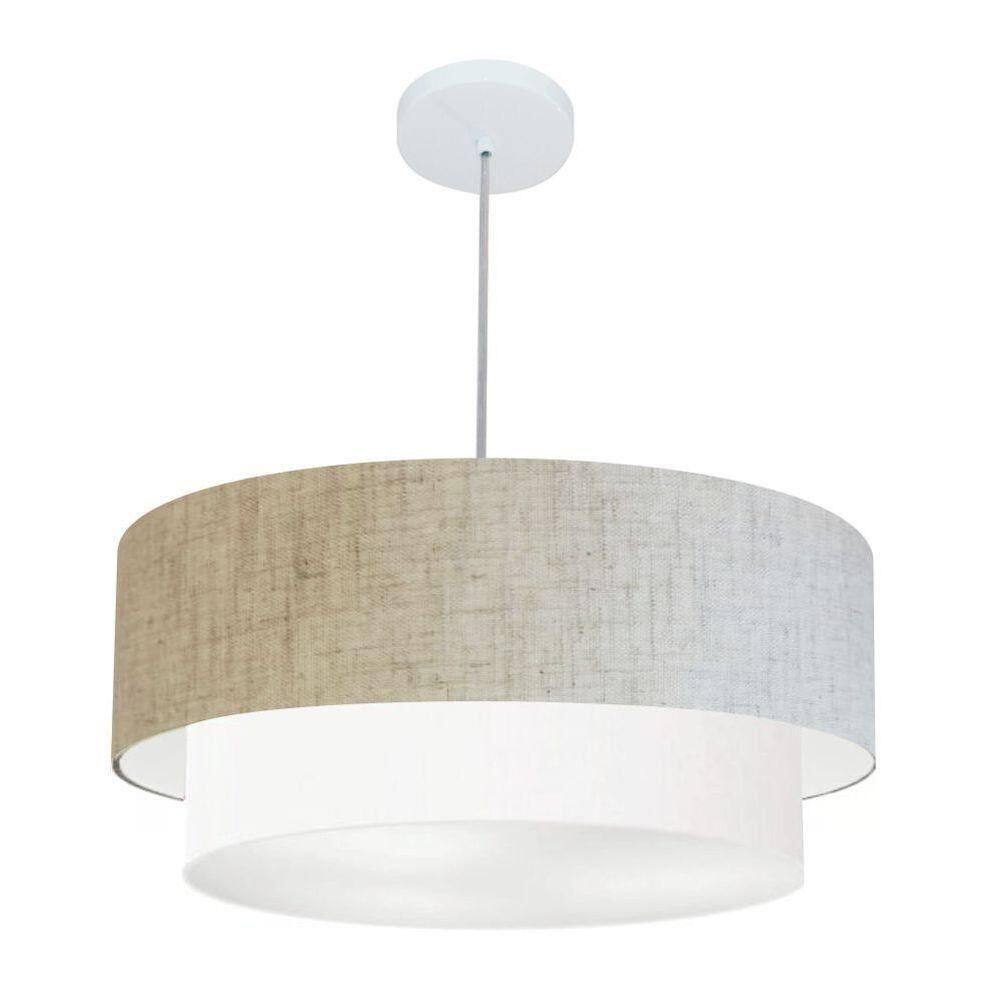 Lustre Pendente Duplo Cilíndrico Vivare Md-4352 Cúpula Tecido 55x50cm - Bivolt Rustico-bege-branco 127/220v