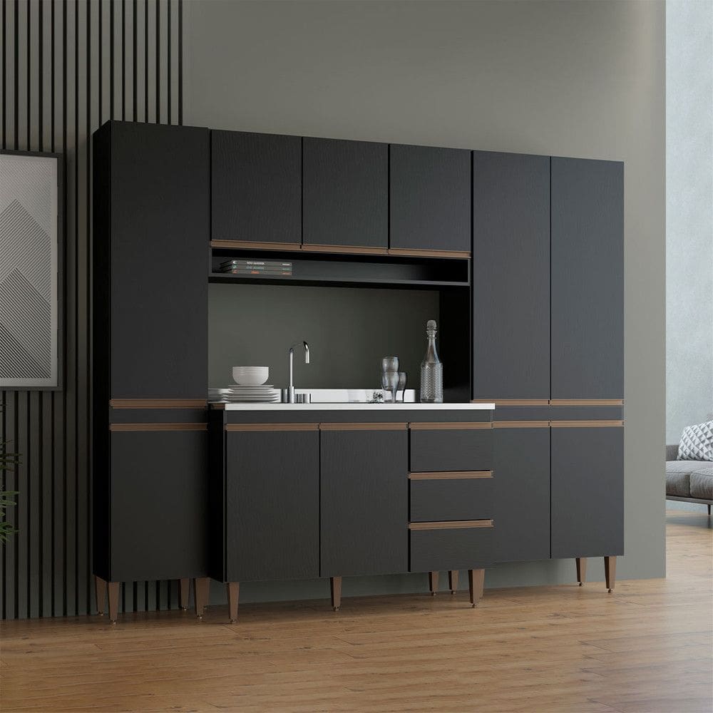 Cozinha Compacta com Balcão Pia para Kitnet 240 x 202 Cm 4 Peças MDP Menu Móveis