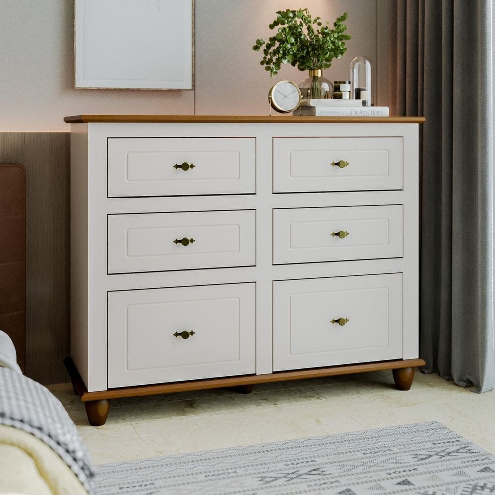 Comoda para Quarto de Bebê 6 Gavetas Joy Off White/Nogueira