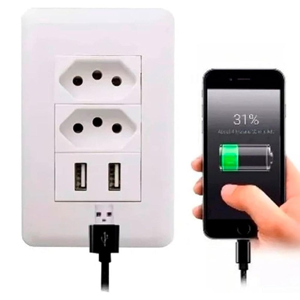 Tomada Parede Bivolt Branco Universal Usb Dupla