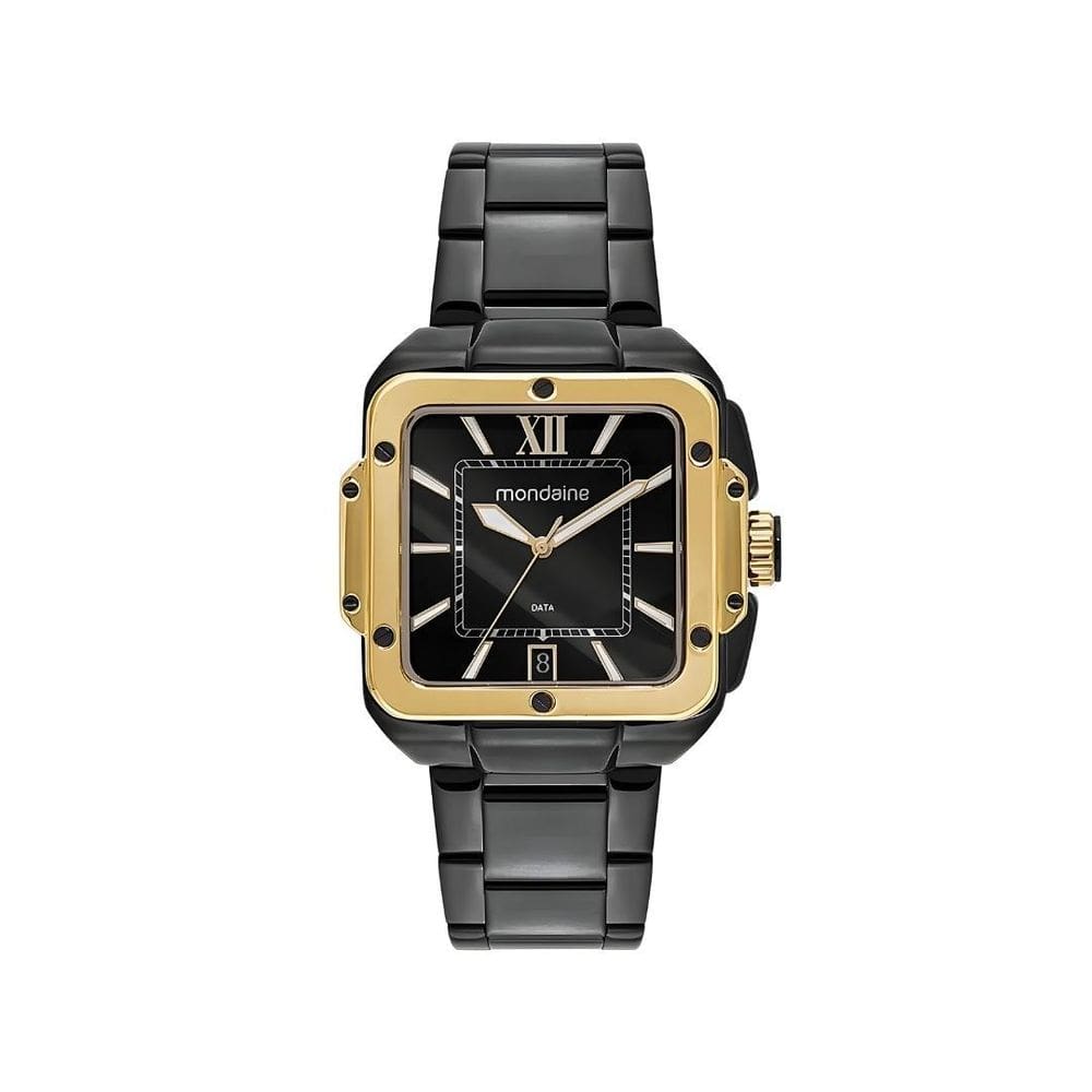 Relógiomondaine Masculino Quadrado Espelhado Preto C Dourado