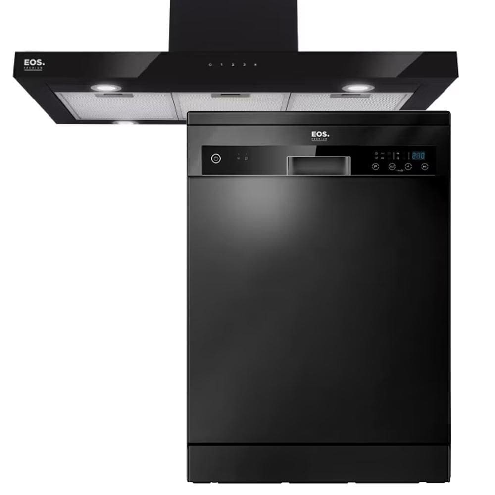 Kit Cozinha EOS Premium All Black Coifa de Ilha 90cm ECO90ITDP + Lava-Louças 14 Serviços ELL14P 110V