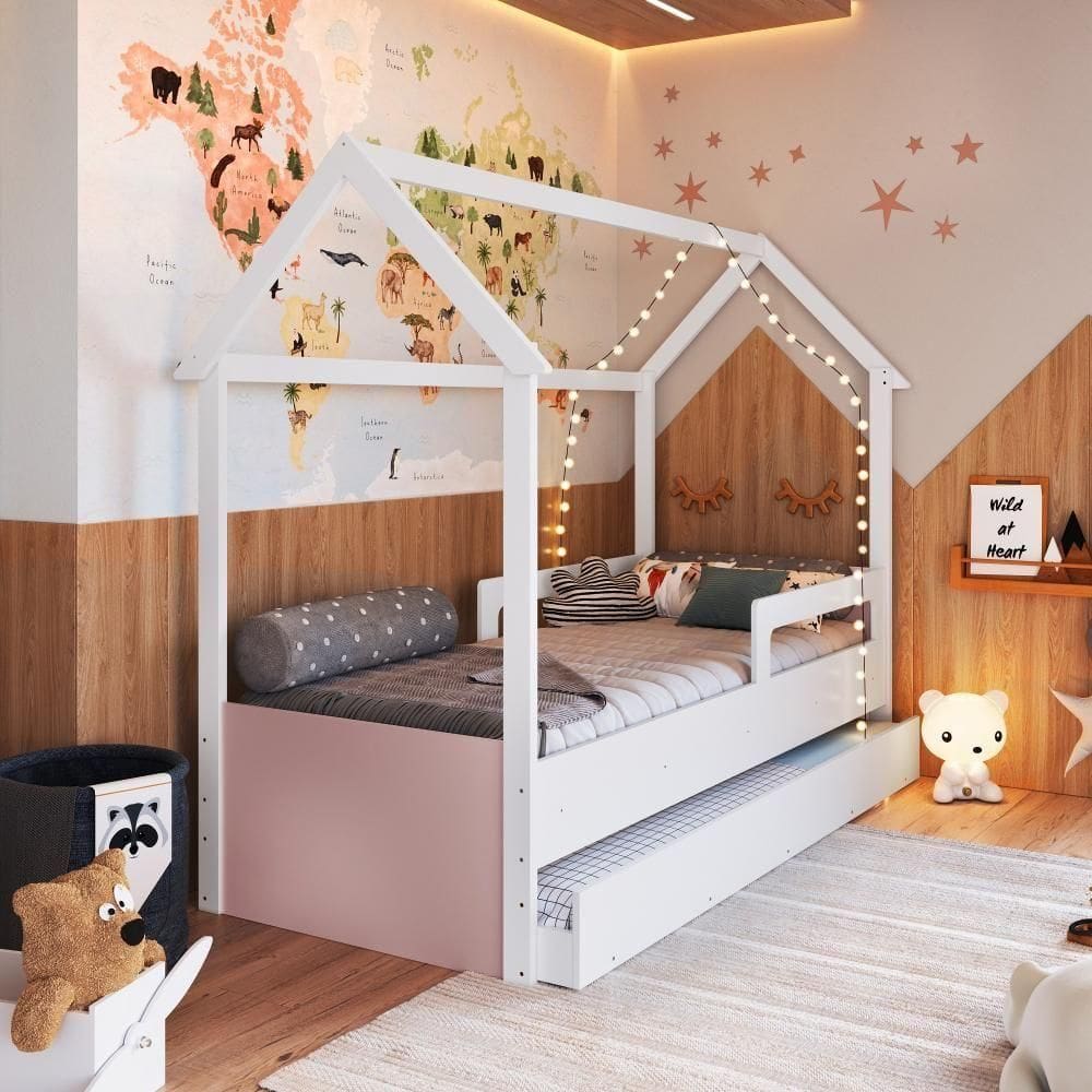 Cama Infantil Bicama Montessoriana Casinha Solteiro Auxiliar Branco com Rosa