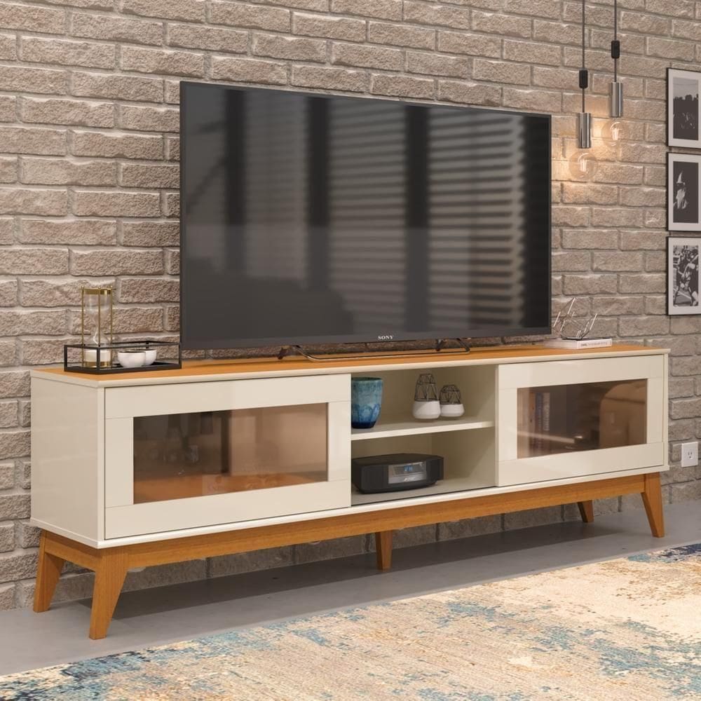 Rack Tv 65 Polegadas Com 2 Portas De Vidro Reflecta Lince - Off White E Cedro