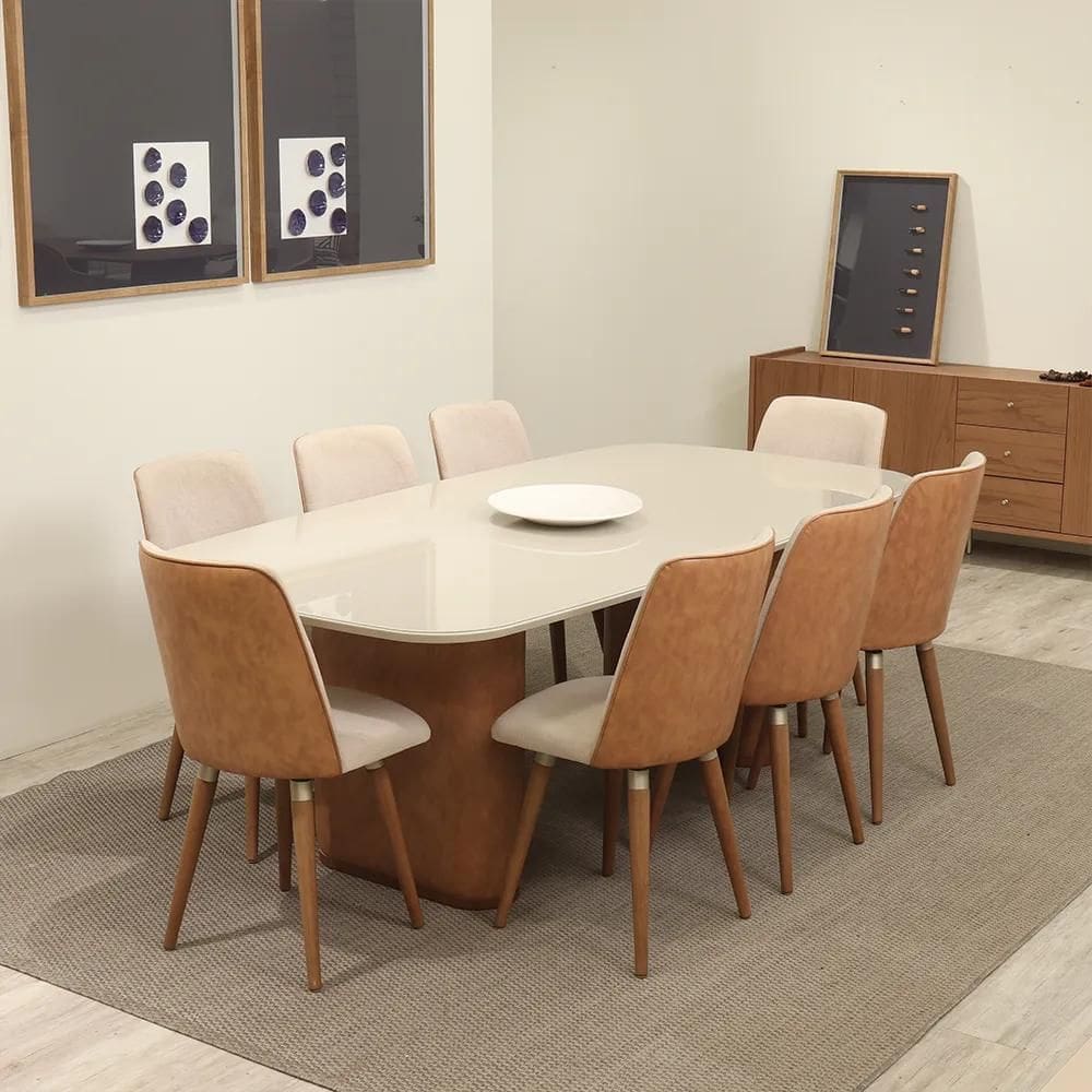 Conjunto de Jantar Mesa Retangular com Vidro Lintz com 8 Cadeiras Dakota - Off White c/ Caramelo