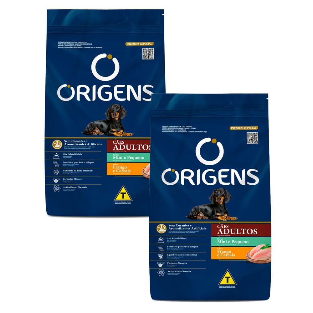 Kit 2 Ração para Cães Adultos Pequeno Porte Origens Premium Sabor Frango e Cereais 1Kg